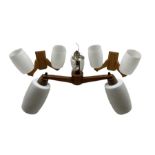 Scandinavian style three branch teak and glass centre light fitting and two matching twin branch wal