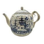 18th century Creamware teapot of melon form with blue chinoiserie design and strapwork handle