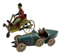 Tinplate friction drive racing car with HP trademark L18cm and another of a three wheeled vehicle