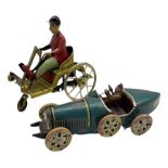 Tinplate friction drive racing car with HP trademark L18cm and another of a three wheeled vehicle