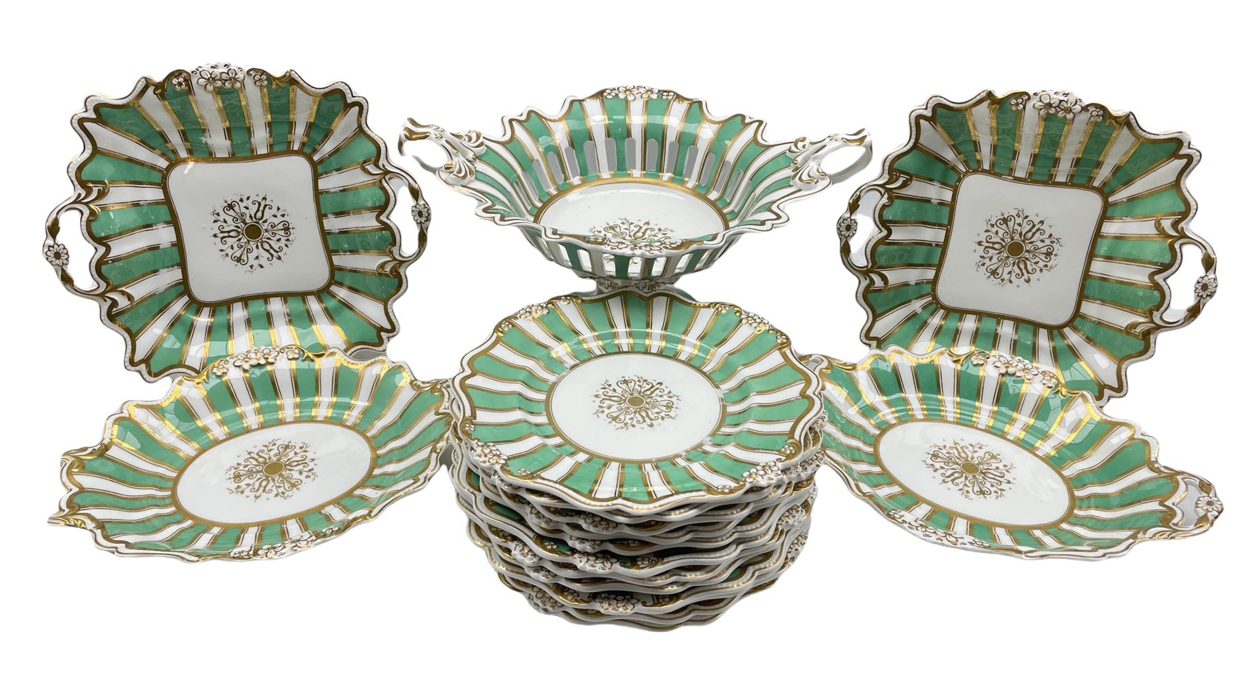 Victorian porcelain dessert service decorated with green and plain striped borders