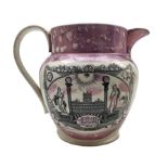 19th century Sunderland pink lustre jug with Masonic scene and verse H19cm and a Southwick Sunderlan