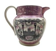 19th century Sunderland pink lustre jug with Masonic scene and verse H19cm and a Southwick Sunderlan