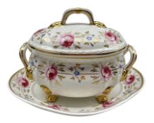 Early 19th century Bloor Derby two handled sauce tureen with cover and stand painted with roses