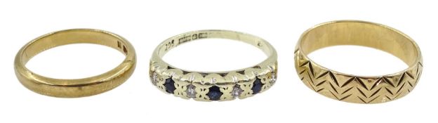 Gold sapphire and diamond ring and two gold bands
