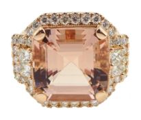 18ct rose gold cushion cut morganite and round brilliant cut diamond cluster dress ring