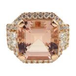 18ct rose gold cushion cut morganite and round brilliant cut diamond cluster dress ring