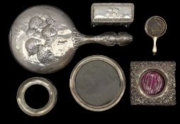 Edwardian silver hand mirror and dressing table jar each embossed with Reynold's Angels maker Henry