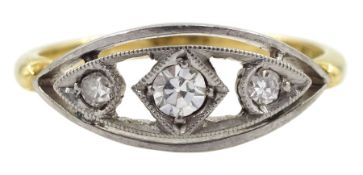 Early-mid 20th century gold three stone diamond ring in a palladium openwork marquise setting