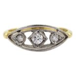 Early-mid 20th century gold three stone diamond ring in a palladium openwork marquise setting