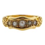 Victorian 18ct gold five split pearl ring with scroll shoulders