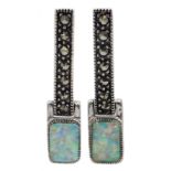 Pair of silver opal and marcasite pendant stud earrings