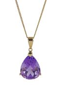 9ct gold single stone pear shaped amethyst pendant necklace