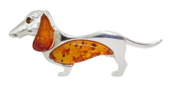 Silver amber dachshund brooch