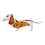 Silver amber dachshund brooch