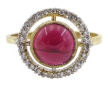 Silver-gilt cabochon garnet ring with cubic zirconia halo surround