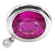 18ct white gold large oval pink tourmaline ring set with suspended round brilliant cut diamond