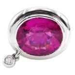 18ct white gold large oval pink tourmaline ring set with suspended round brilliant cut diamond