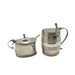 George III silver barrel shaped mustard pot with blue glass liner and loop handle `H8cm London 1813