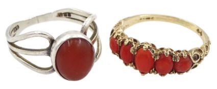 9ct gold five stone graduating coral ring and a silver stone set ring