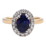18ct rose gold oval Ceylon sapphire and round brilliant cut diamond cluster ring