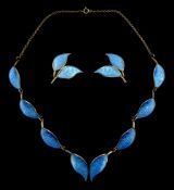 Norwegian silver and blue enamel leaf necklace by David Andersen