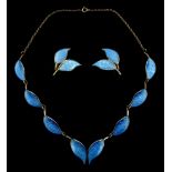 Norwegian silver and blue enamel leaf necklace by David Andersen