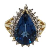 9ct gold pear shaped London blue topaz and diamond chip cluster ring