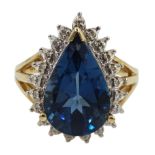 9ct gold pear shaped London blue topaz and diamond chip cluster ring