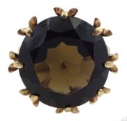 9ct gold large single stone round smokey quartz ring