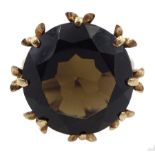 9ct gold large single stone round smokey quartz ring