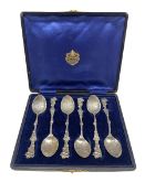 Set of six cased Sterling silver York Minster teaspoons with floral stems