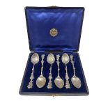 Set of six cased Sterling silver York Minster teaspoons with floral stems