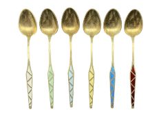 Set of six Danish silver gilt coffee spoons with geometric coloured enamel stems
