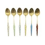 Set of six Danish silver gilt coffee spoons with geometric coloured enamel stems