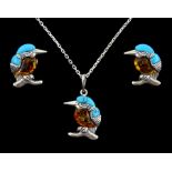 Silver Baltic amber and turquoise kingfisher pendant with matching pair of stud earrings