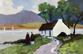 Robert Dunleavey (Irish 1970-): Cottage by Lake with Female Figures