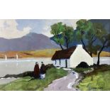 Robert Dunleavey (Irish 1970-): Cottage by Lake with Female Figures