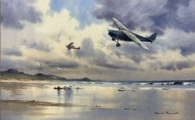 Denis Pannett (British 1939-): Vintage Propeller Planes Flying over Beach