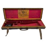 Late Victorian Holland & Holland brass bound leather shotgun case with red baize fitted interior wit