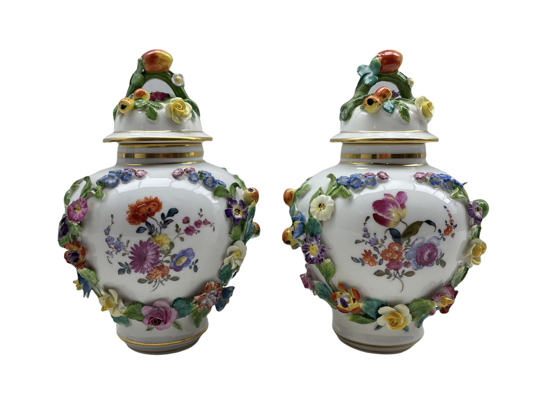 Pair of early 20th century Dresden porcelain floral encrusted vases and covers - Image 2 of 2