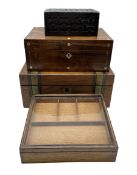 Early 20th century oak slope front table top collectors cabinet with glazed hinged cover and single