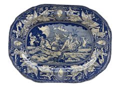 Early 19th century pearlware rectangular platter printed in blue with 'The Apotheosis of Nelson' wit