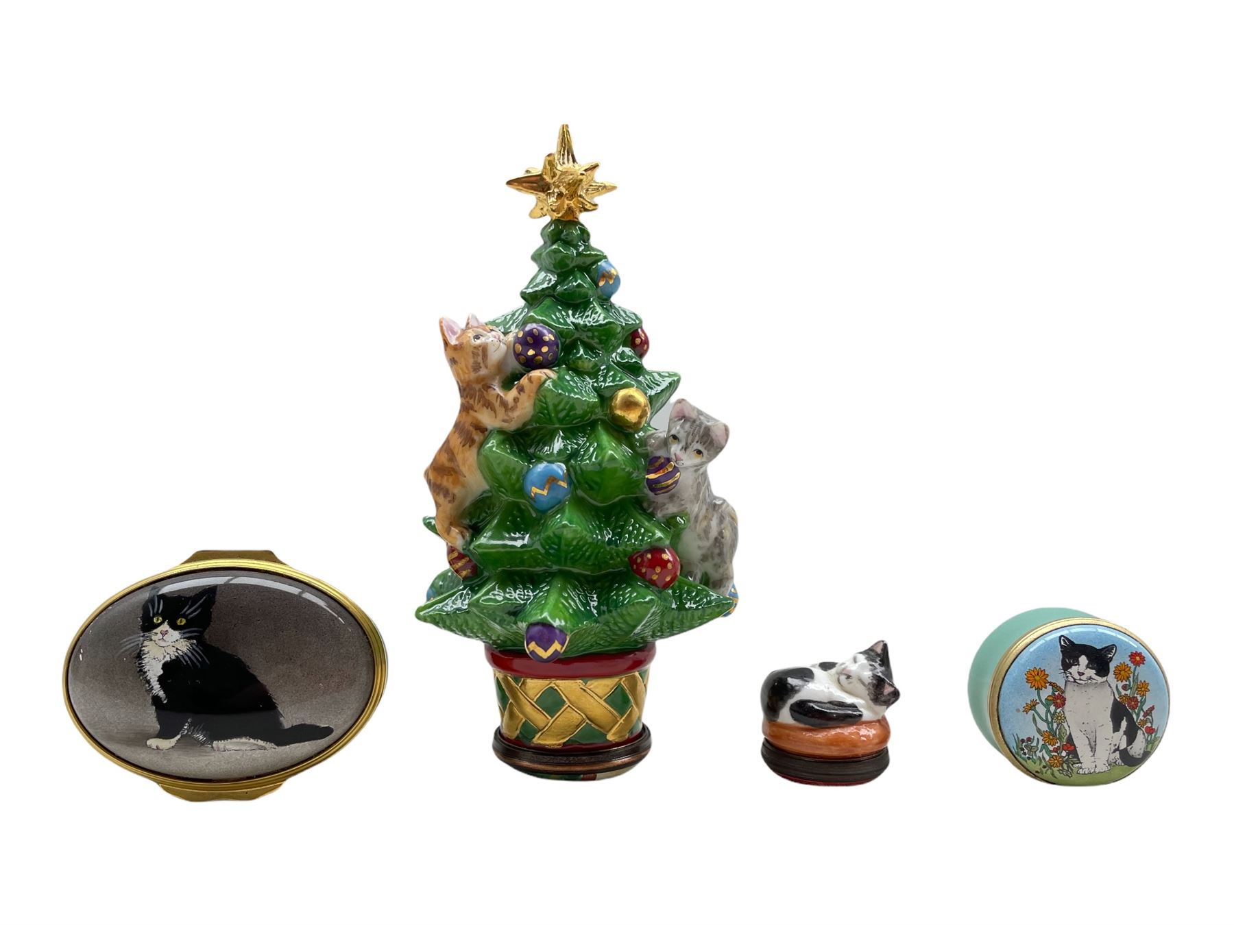 Four Halcyon Days Cat and Kitten decorated boxes comprising a Christmas Tree bonbonniere