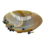 20th century polished agate bowl applied with an 18ct gold and enamel flowering branch by Trio Pearl