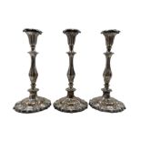 Set of three Old Sheffield plate candlesticks