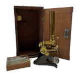 Late 19th century brass monocular microscope H31cm with slides in mahogany box