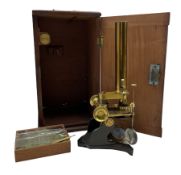 Late 19th century brass monocular microscope H31cm with slides in mahogany box