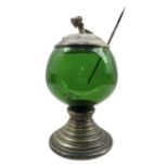 20th century green glass punch bowl with silver-plated mounts