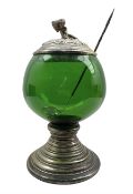 20th century green glass punch bowl with silver-plated mounts